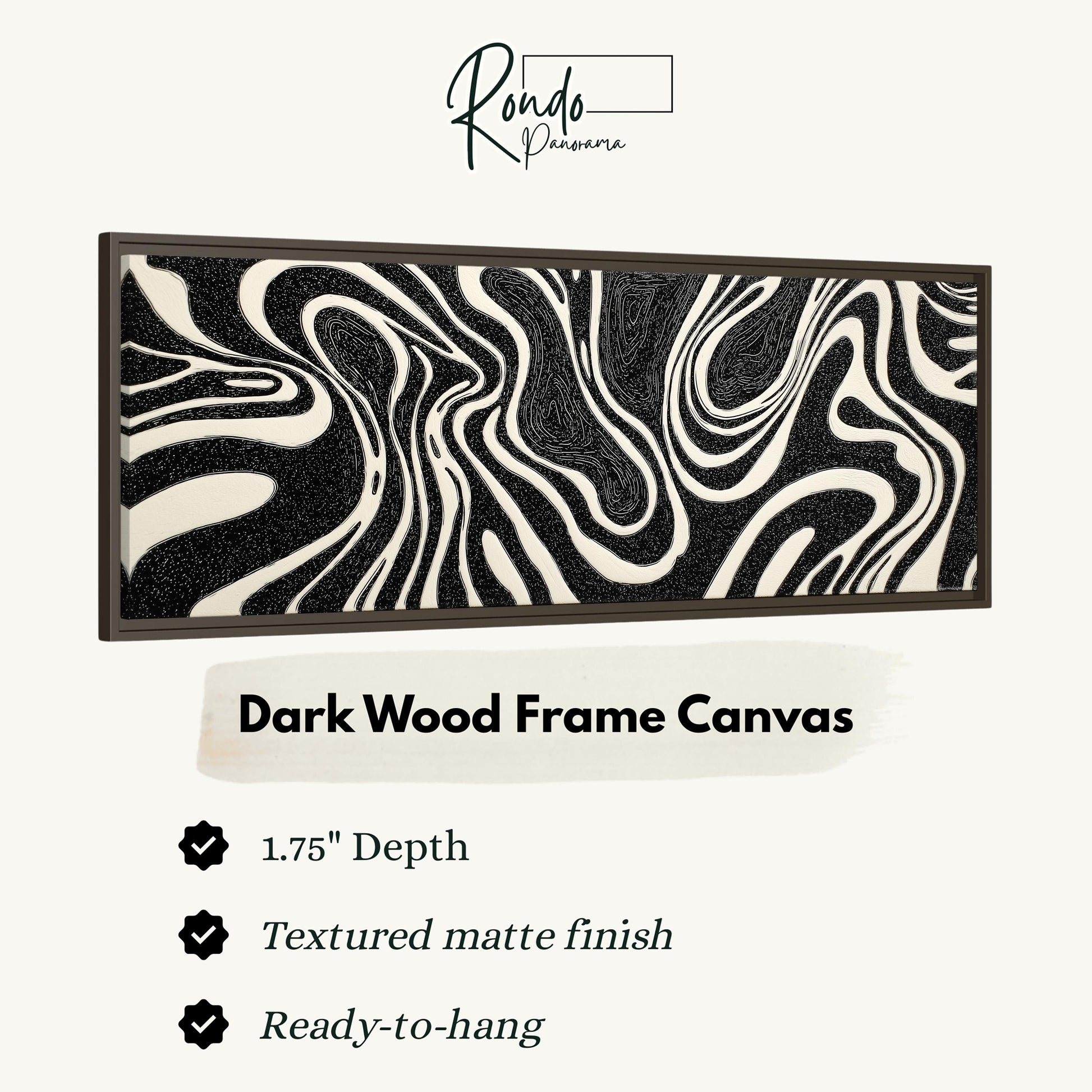 a dark wood frame canvas with a black and white zebra-like pattern.