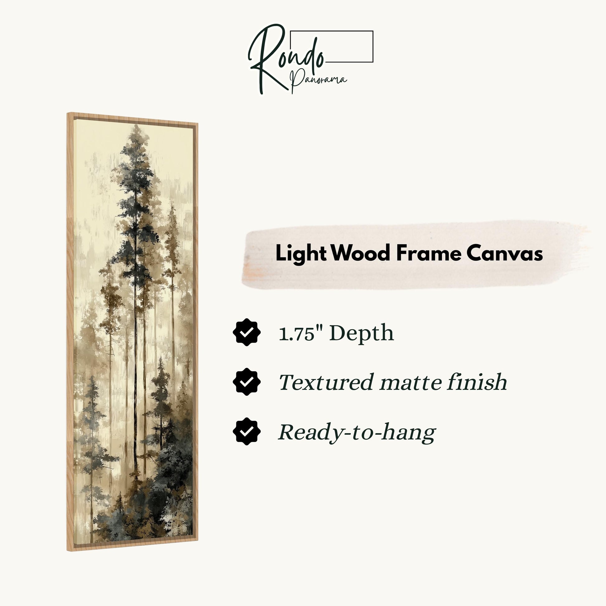 The image is a light wood frame canvas depicting a forest scene with tall trees.