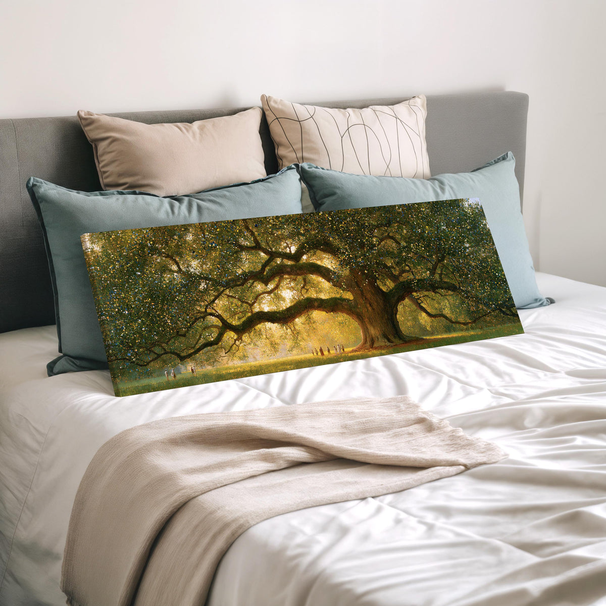 Golden oak tree in a park wide panoramic canvas print laid on a bed to show its size