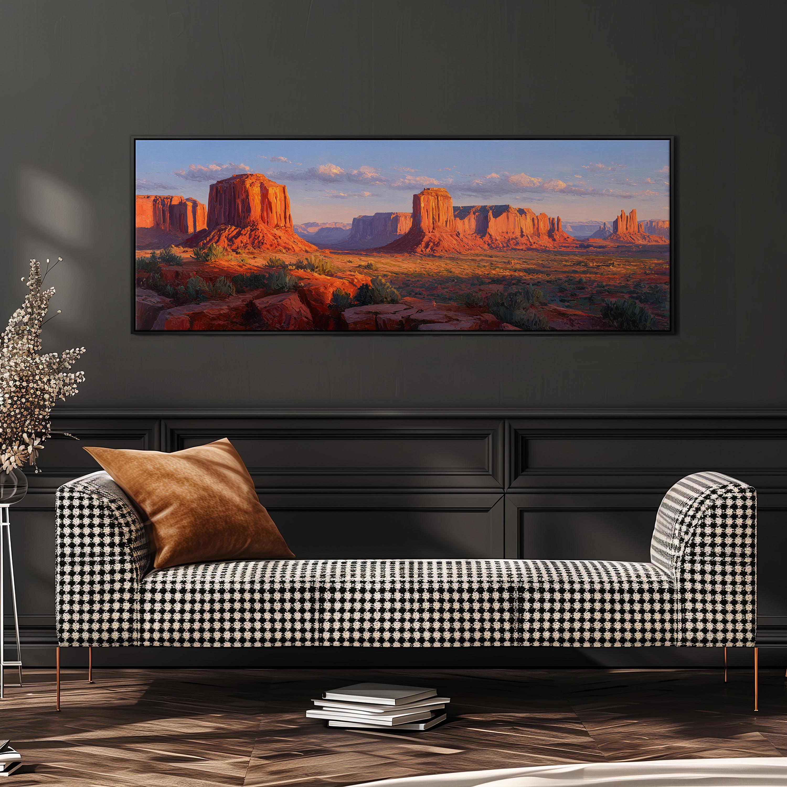 a large, framed painting of a desert landscape with mountains in the background, hanging on a wall above a black and white checkered sofa.