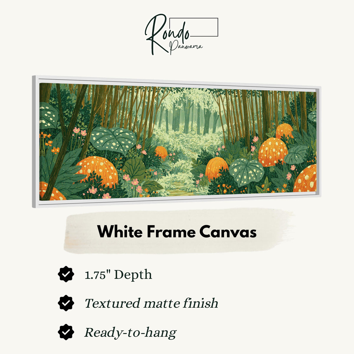Amber mushroom forest canvas print in a white floating frame