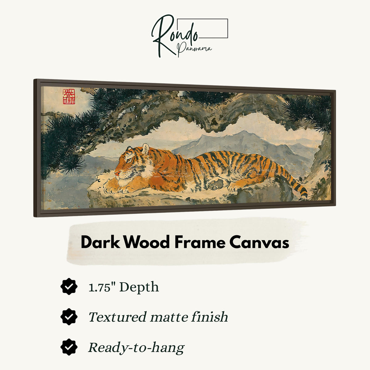 Tiger resting beneath misty pines canvas print in a dark wood floating frame