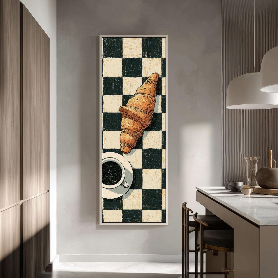 Croissant and coffee on a checkered tablecloth long vertical canvas print in a sunlit living space