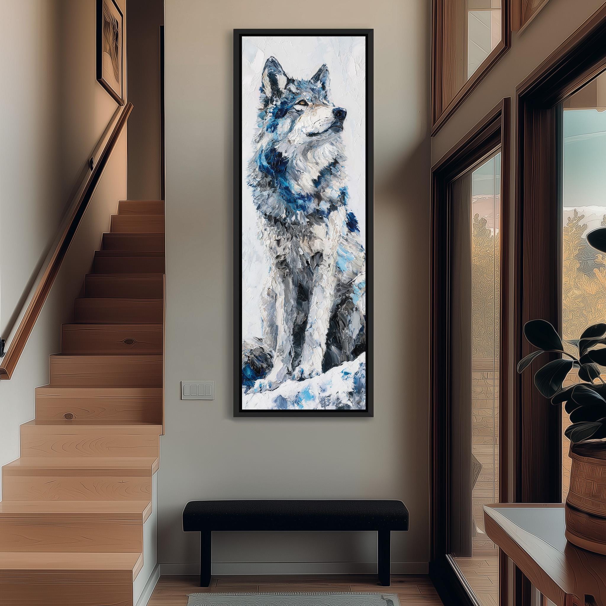 a large painting of a wolf on the wall, with a wooden staircase and a bench in the foreground.