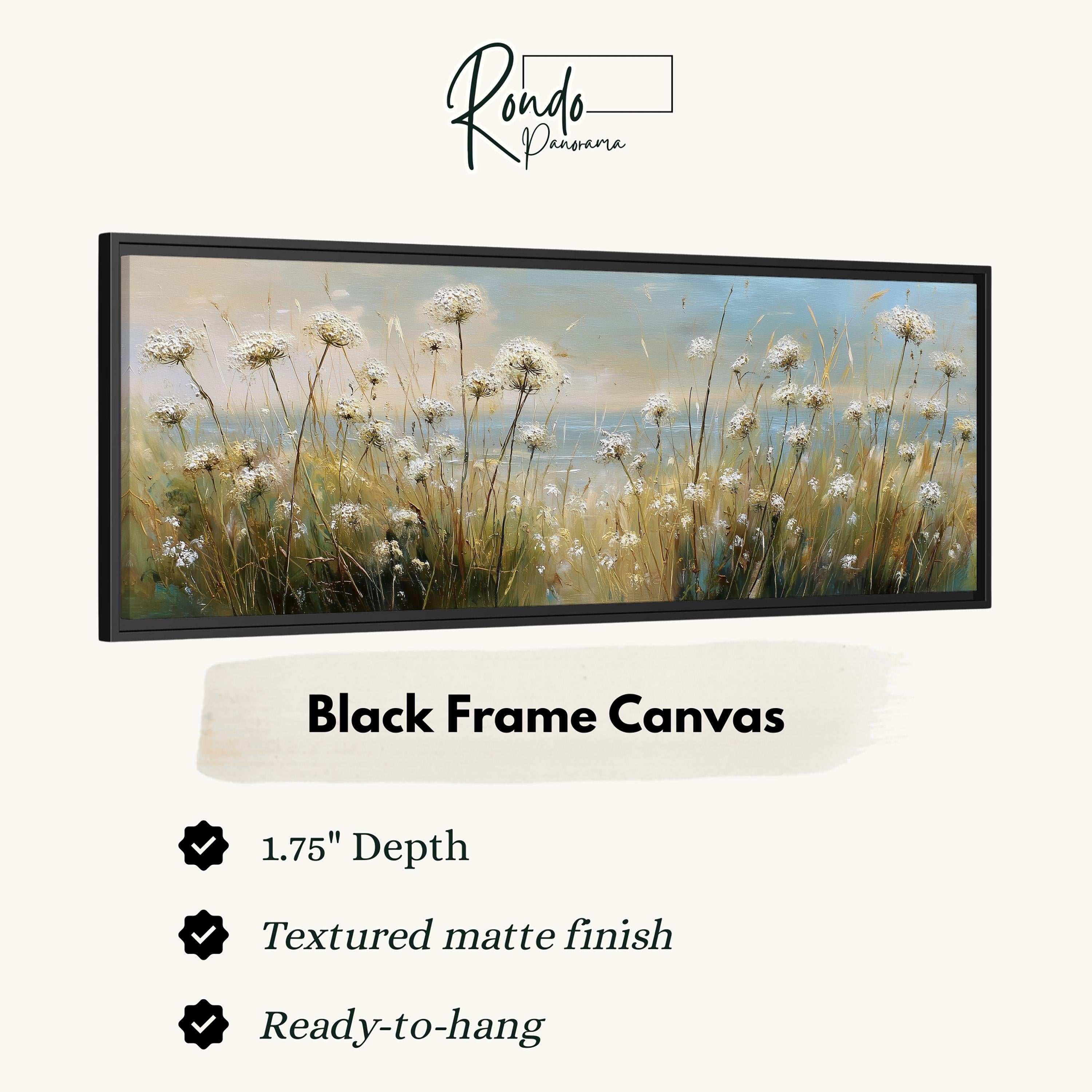 The image is a black frame canvas depicting a field of white flowers against a blue sky background.