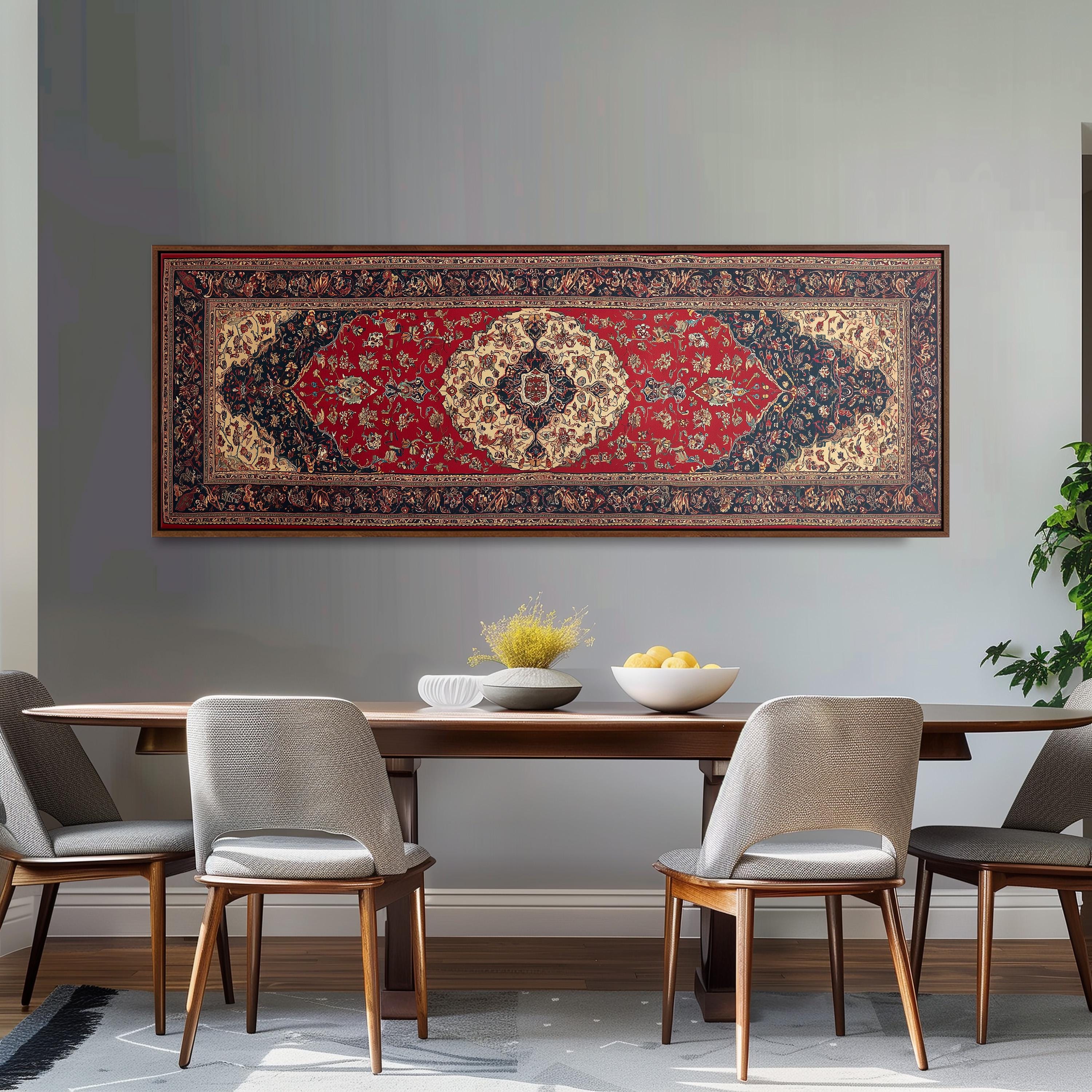 a dining room with a large, ornate rug hanging on the wall above a wooden dining table surrounded by four chairs. The table is set with a bowl of fruit and a vase of flowers, creating a warm and inviting atmosphere.