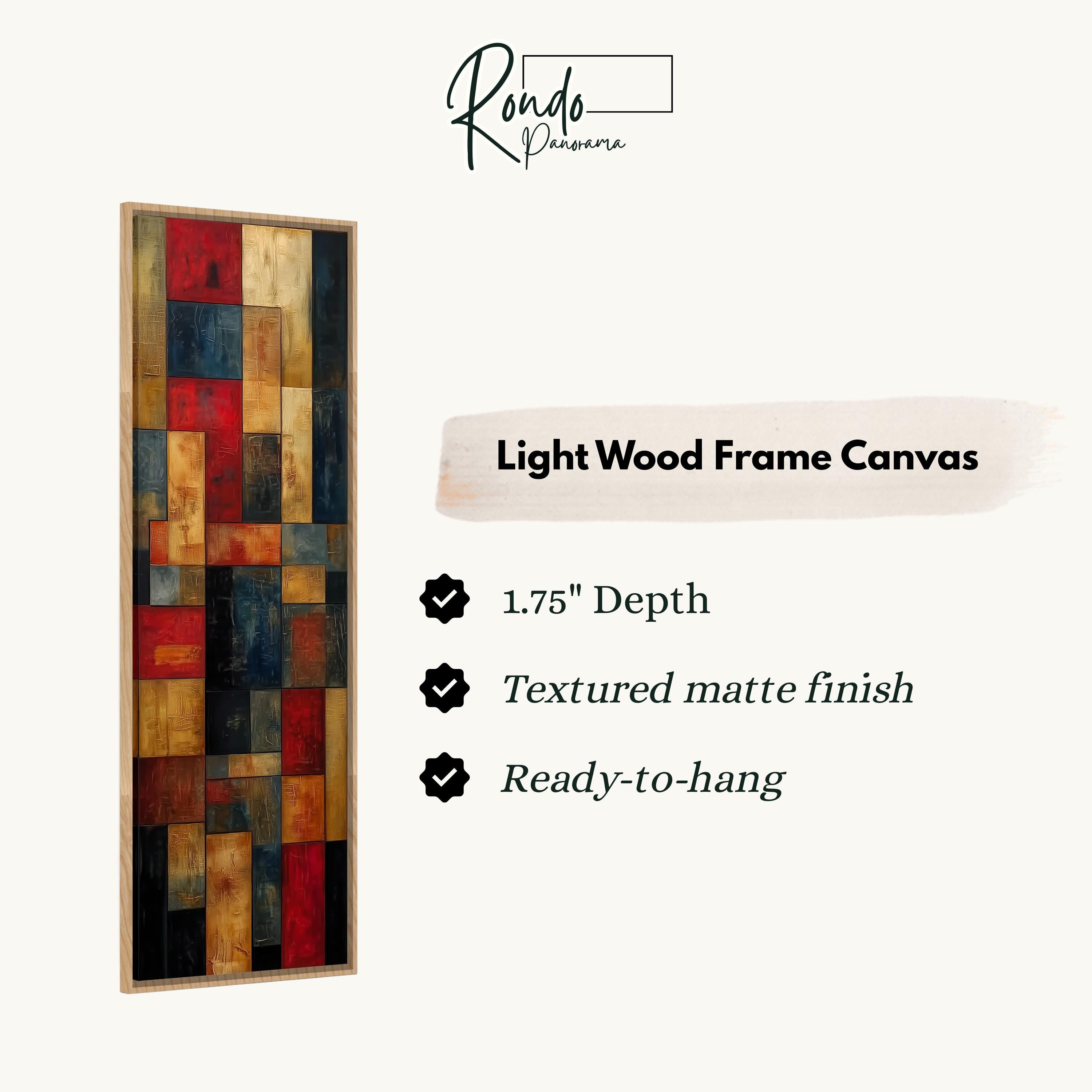 The image is a product advertisement for a light wood frame canvas. It features a vertical piece of art with a textured finish and a 1.75" depth. The text highlights the features of the canvas, such as the textured matte finish and the readiness to hang.