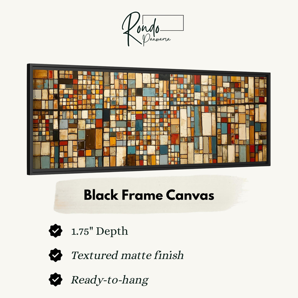 Earth tone mosaic grid in blue and ochre canvas print in a black floating frame