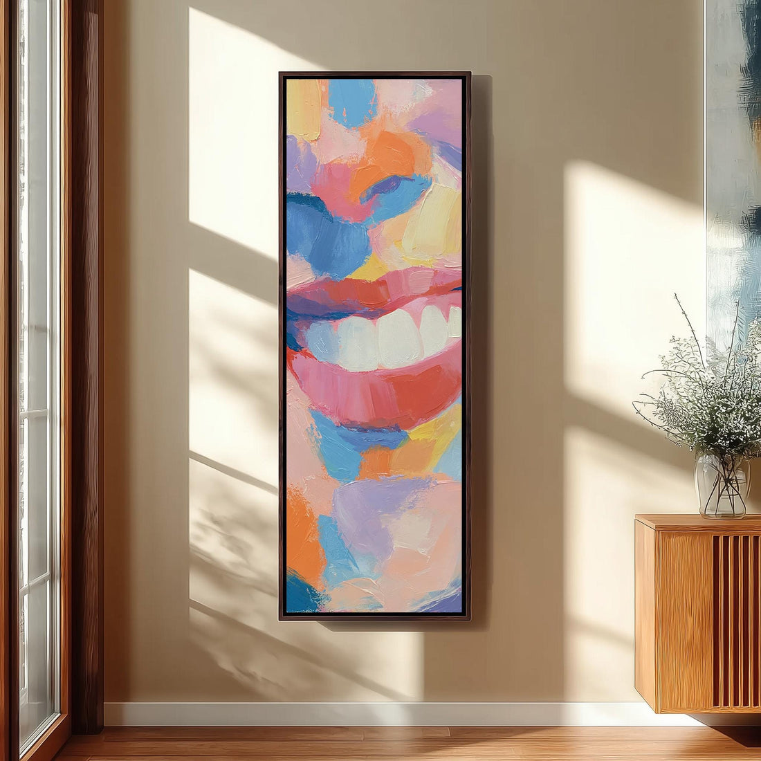 Abstract pop art smile long vertical canvas print in a sunlit living space