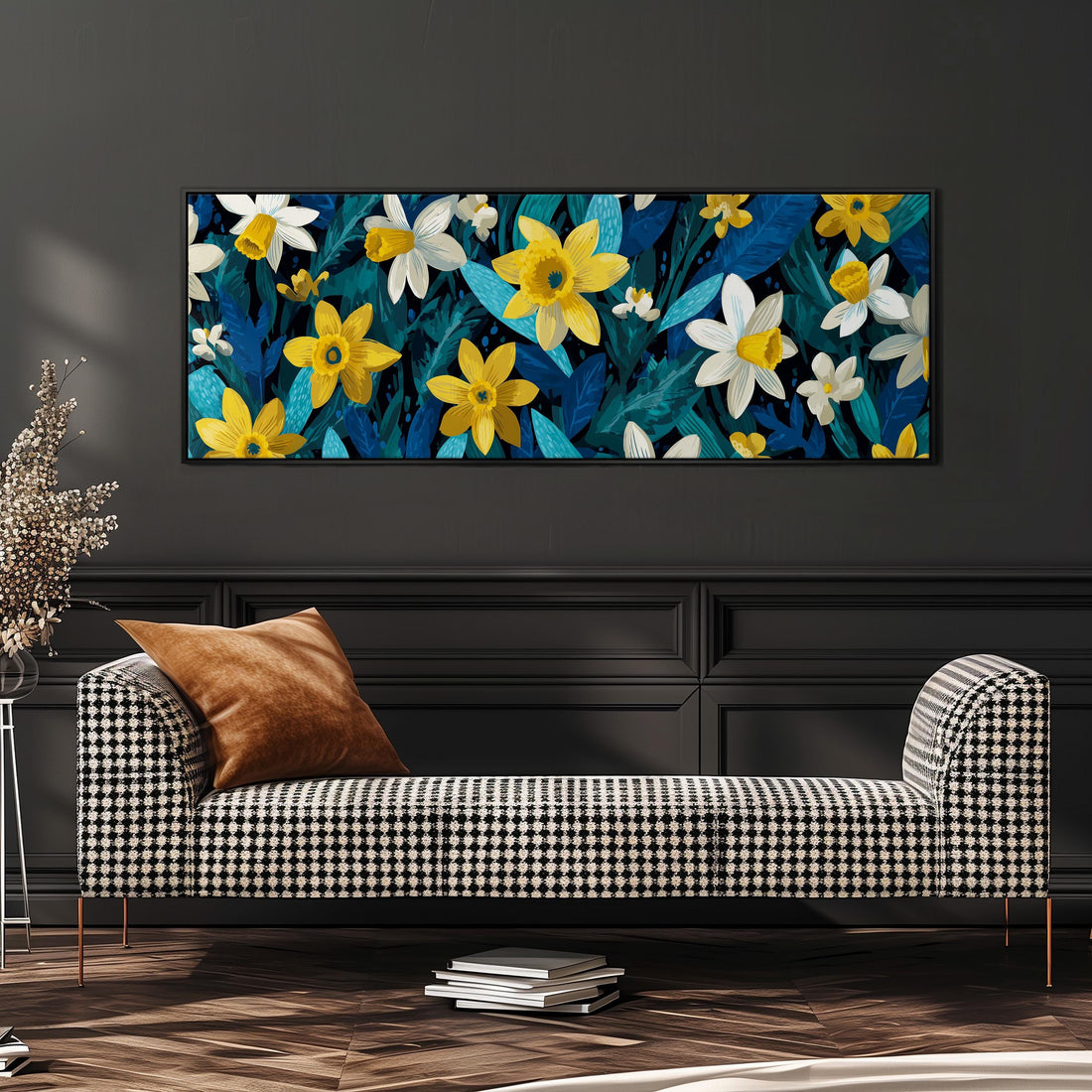 a large, vibrant painting of yellow and white flowers hanging on a wall above a brown sofa.