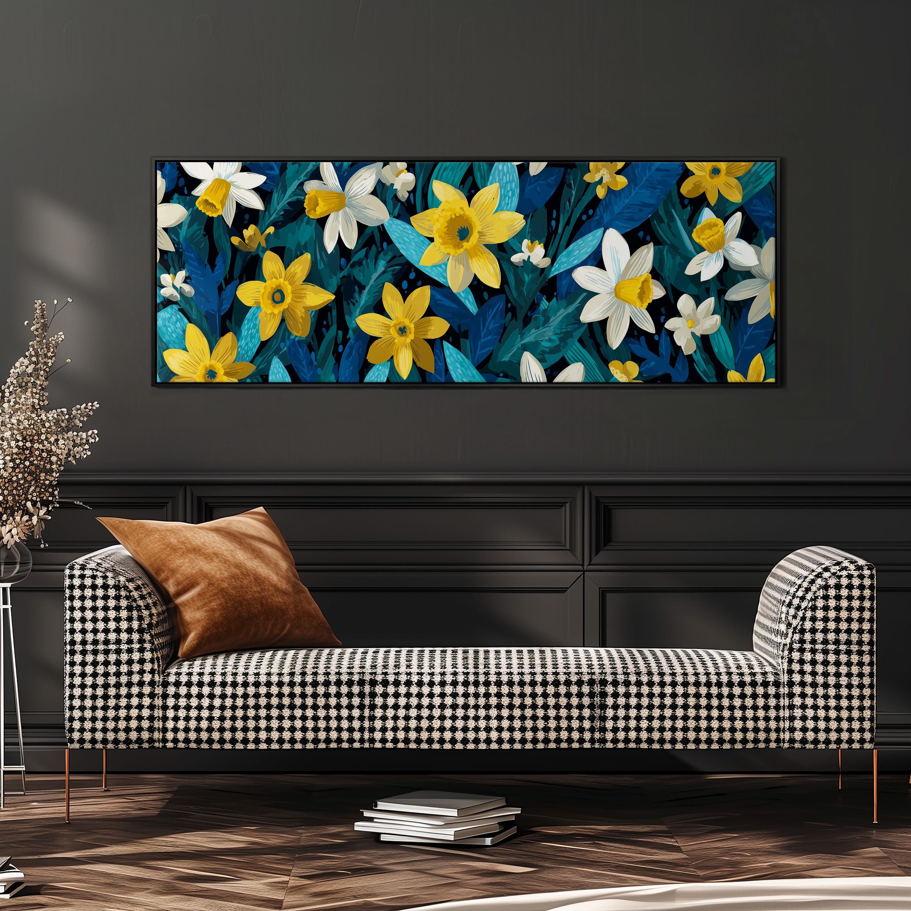 a large, colorful floral print hanging on a wall above a black and white checkered sofa.