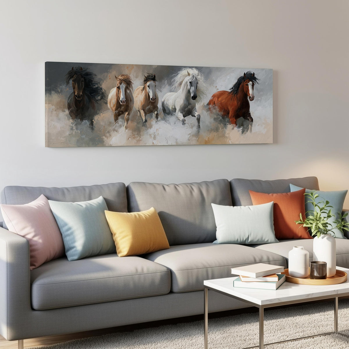 Five horses running through smoke panoramic canvas print above a grey sofa in a living room
