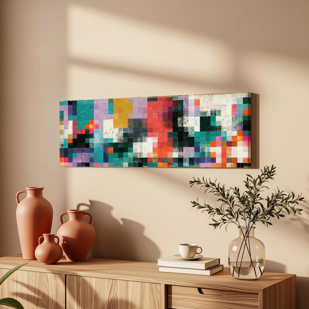 Teal and coral patchwork color blocks long horizontal canvas print above a wooden sideboard