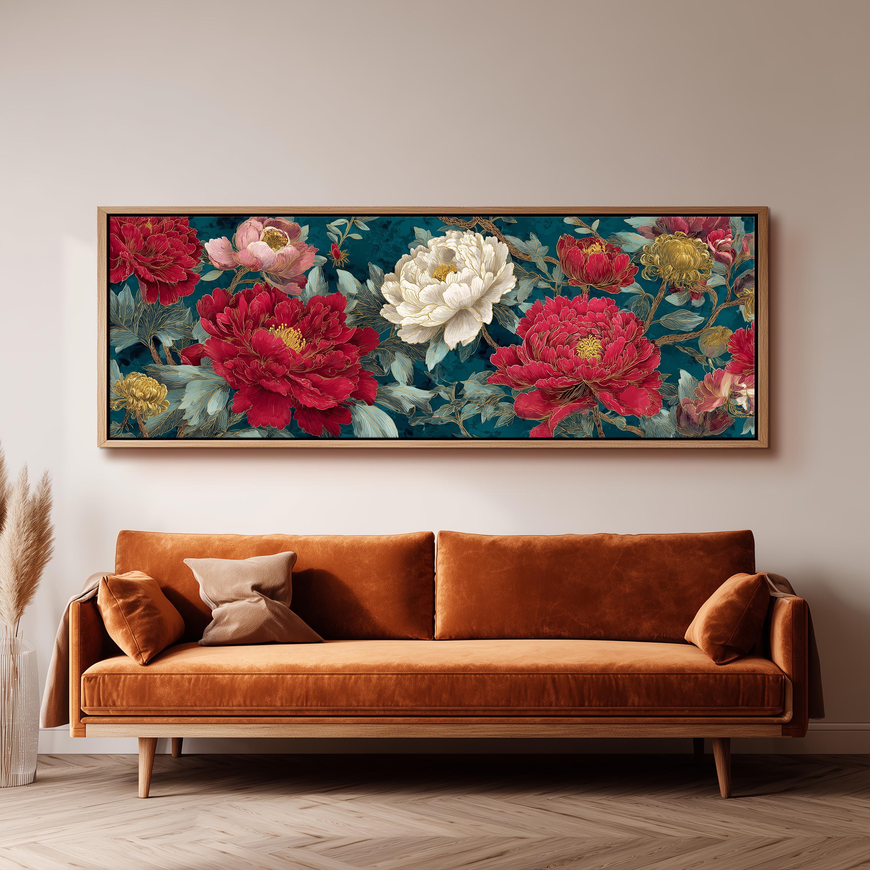 a large, framed painting of a floral arrangement hanging on a wall above a brown sofa.