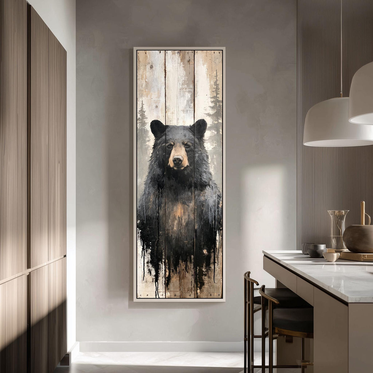 Black bear on weathered barn wood tall skinny canvas print in a modern kitchen