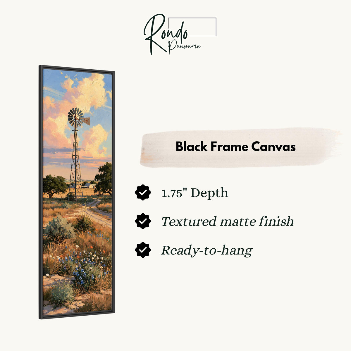 Ranch windmill above bluebonnets at sunset canvas print in a black floating frame