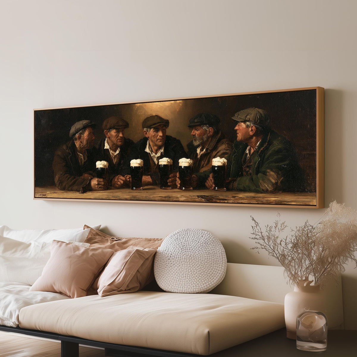 Friends toasting with stout in an Irish pub panoramic canvas print above a sofa in a living room