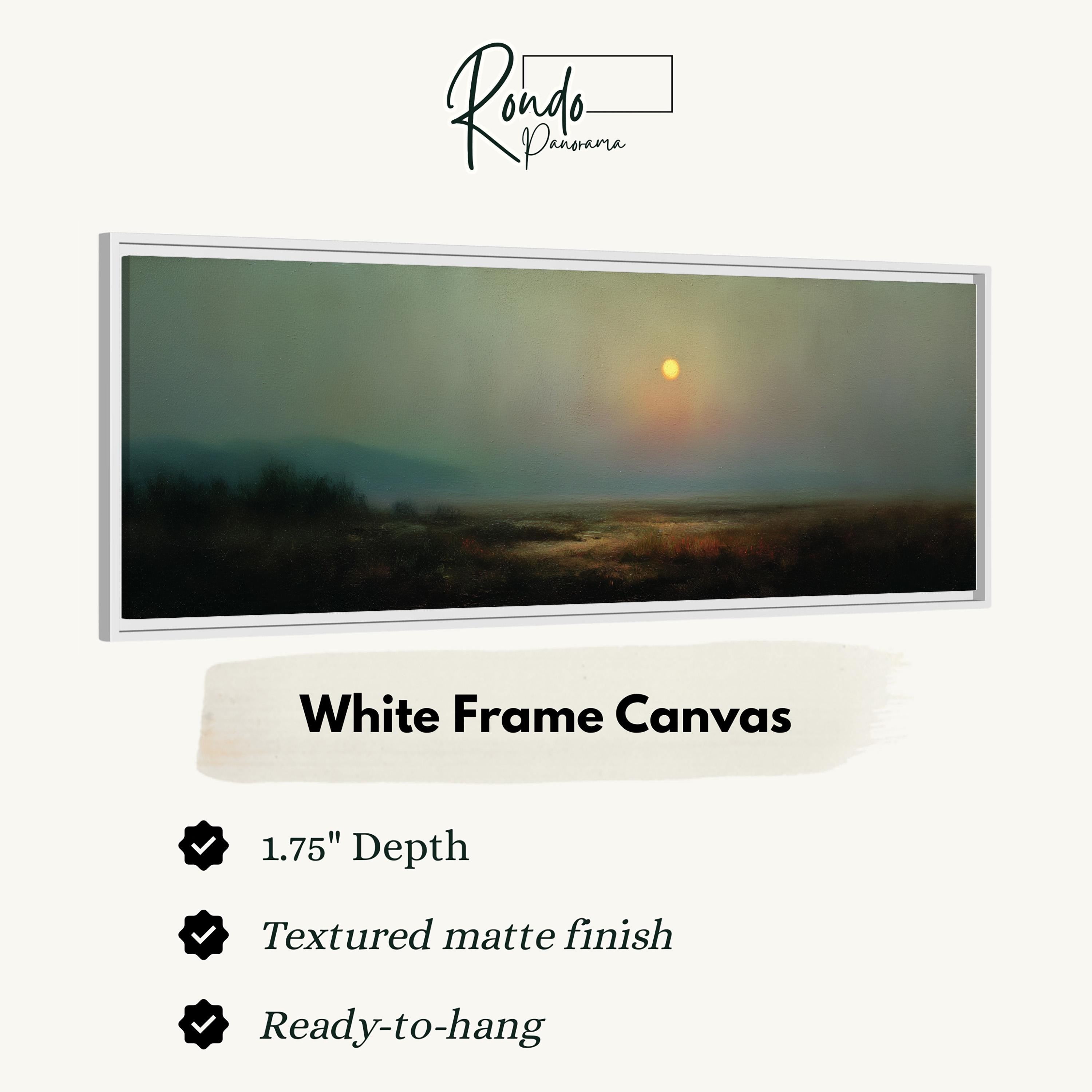 The image is a white frame canvas depicting a landscape with a sunset over a field.