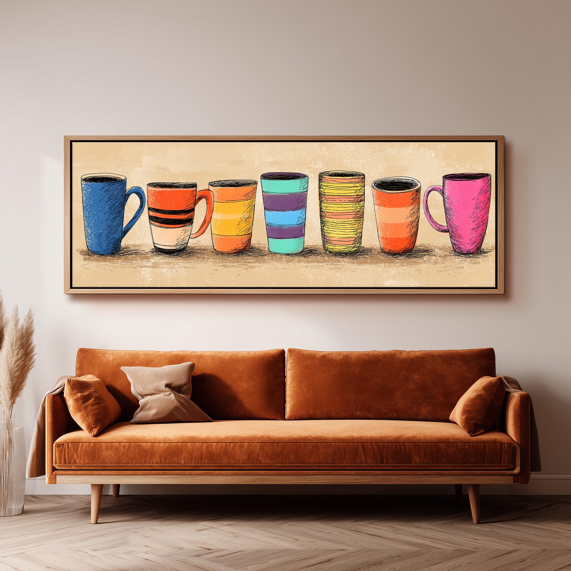 a cozy living room with a brown sofa and a framed artwork of colorful mugs hanging on the wall above it.