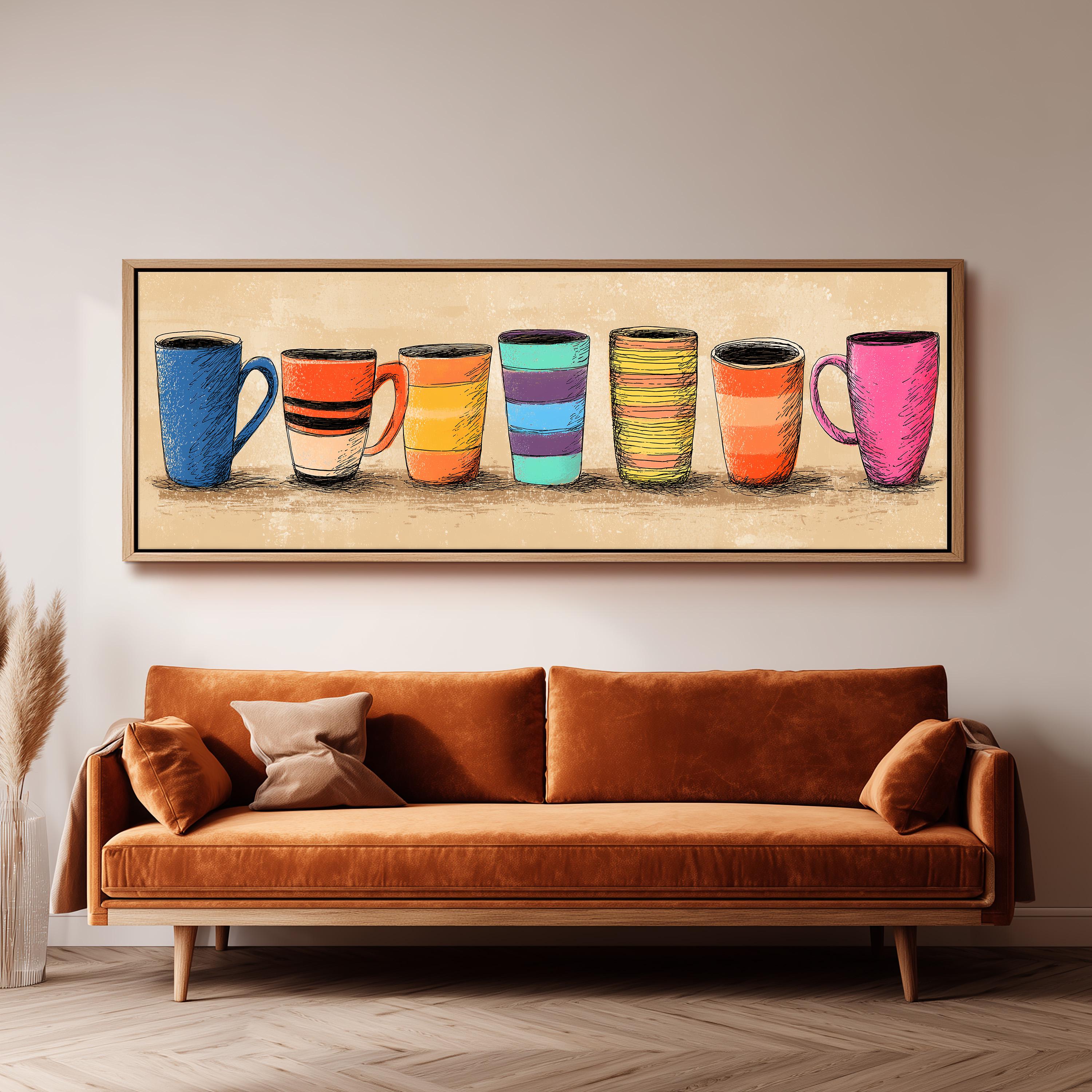 a cozy living room with a brown sofa and a framed artwork of colorful mugs hanging on the wall above it.