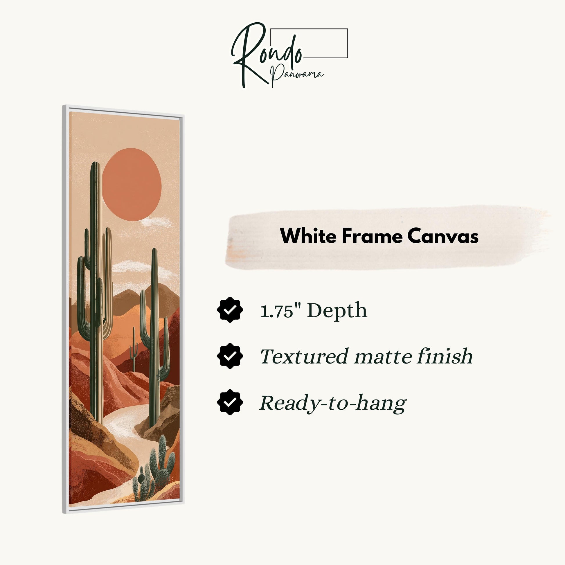 The image is a white frame canvas depicting a desert landscape with cacti and mountains.