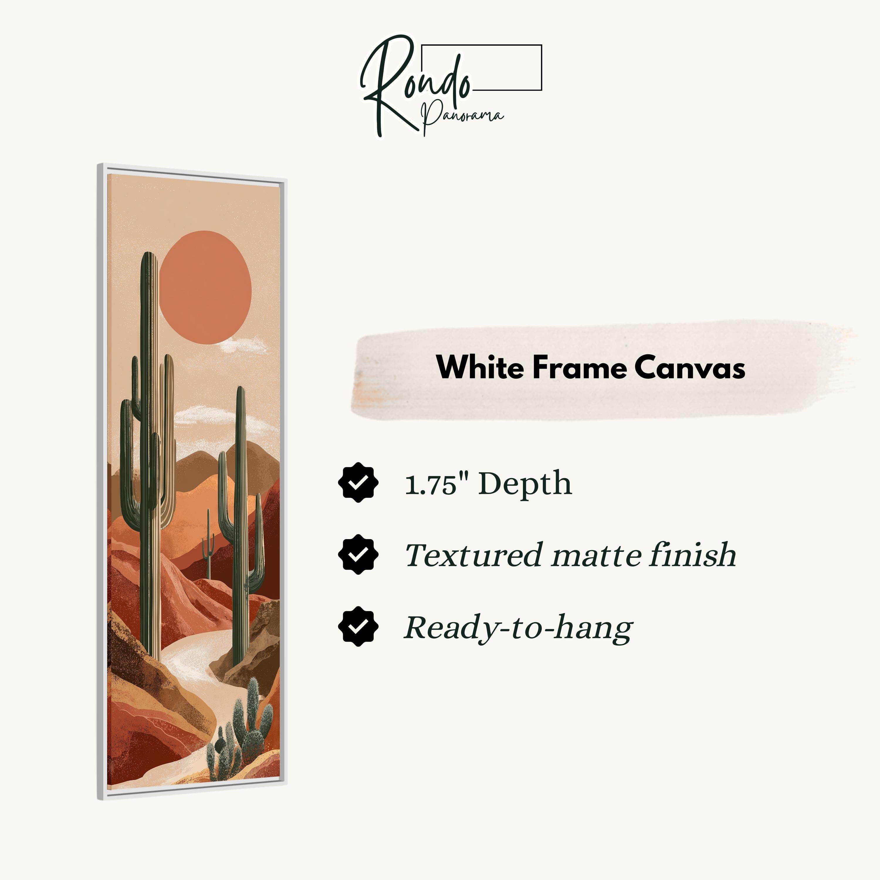 The image is a white frame canvas depicting a desert landscape with cacti and mountains.