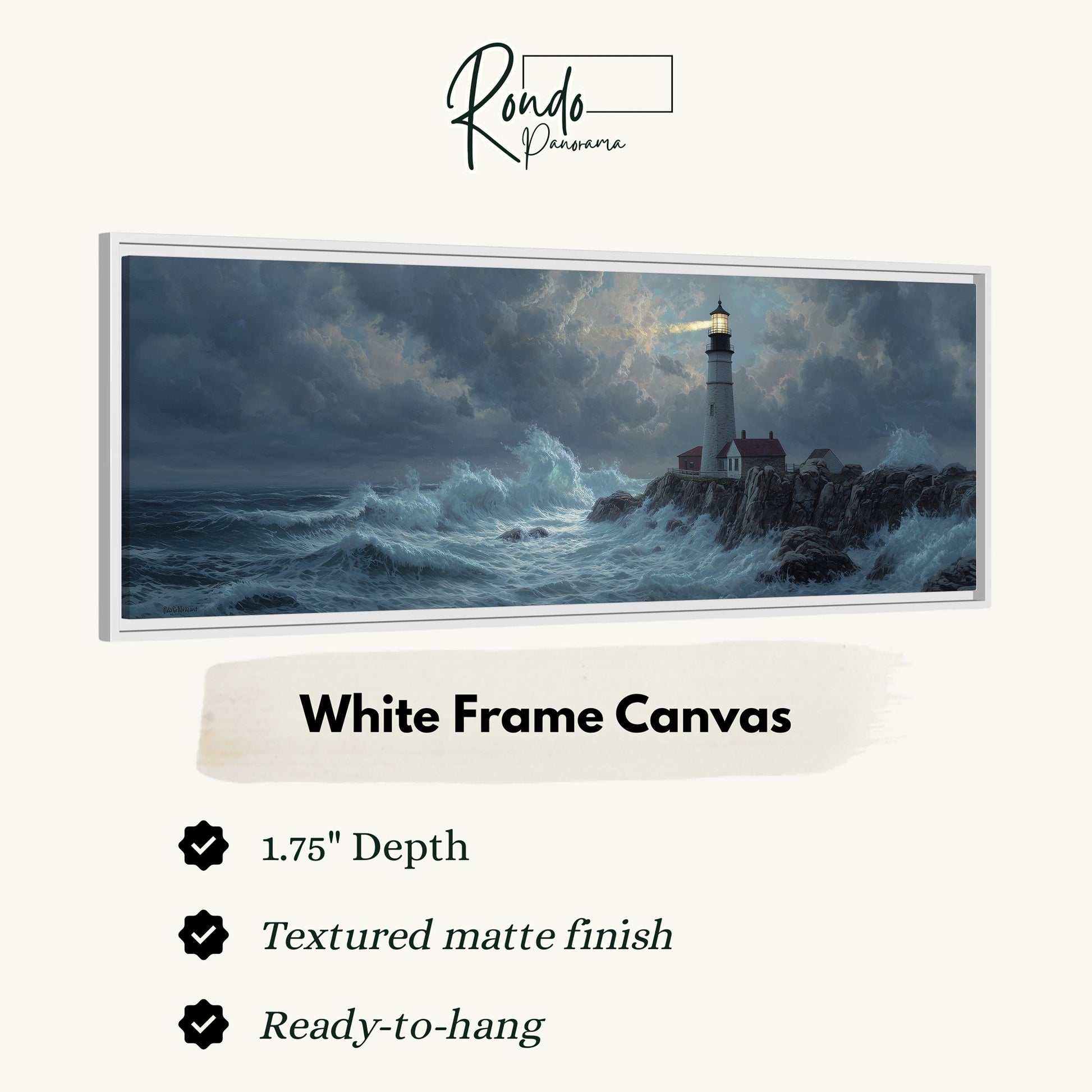 The image is a white frame canvas depicting a lighthouse on a rocky shore during a stormy sea.
