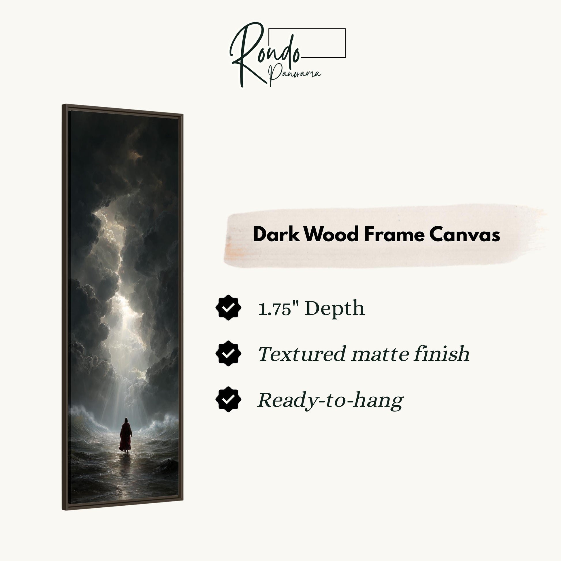 The image is a dark wood frame canvas depicting a person standing in front of a stormy sea.