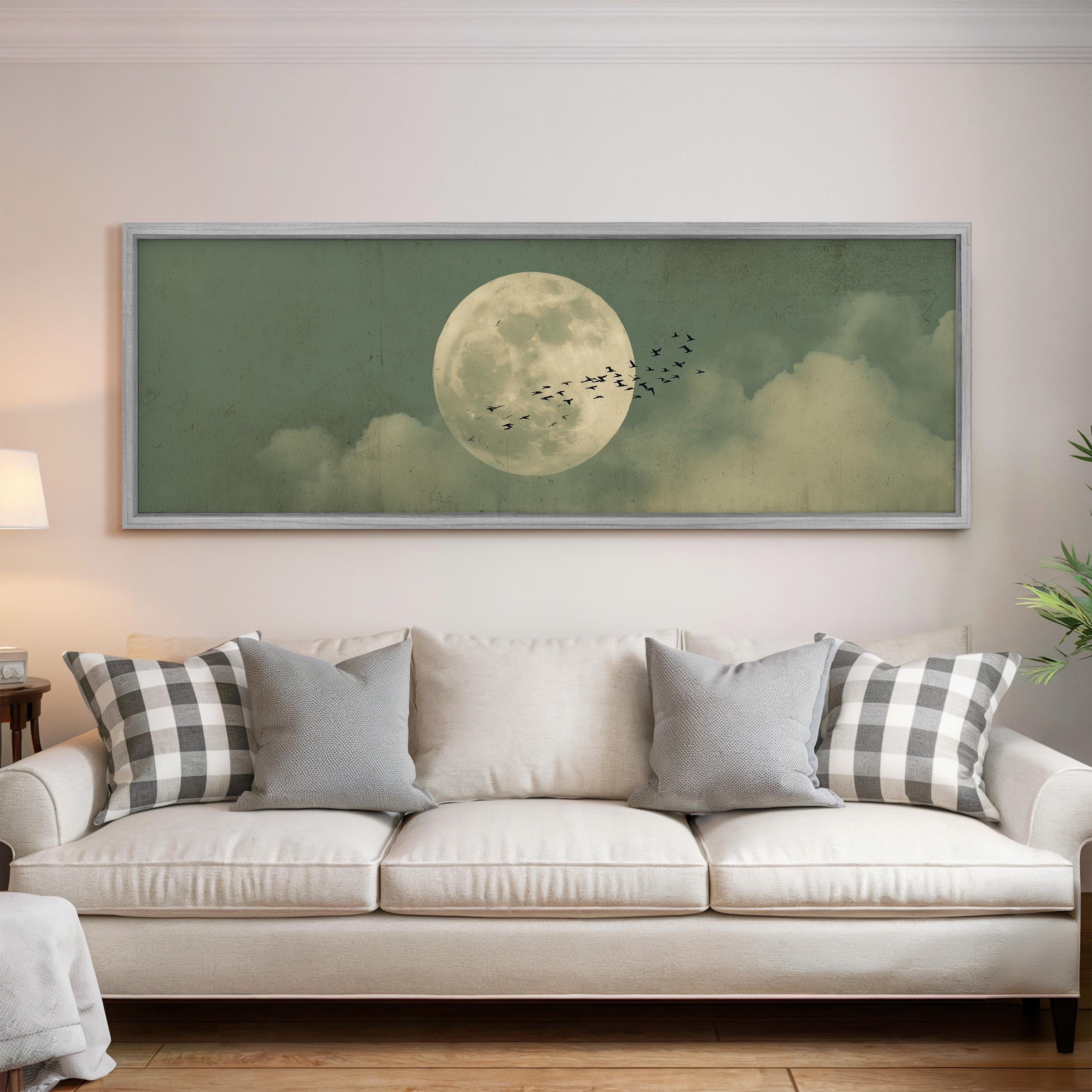 Flock of Birds and Moon - Wide Panoramic Canvas