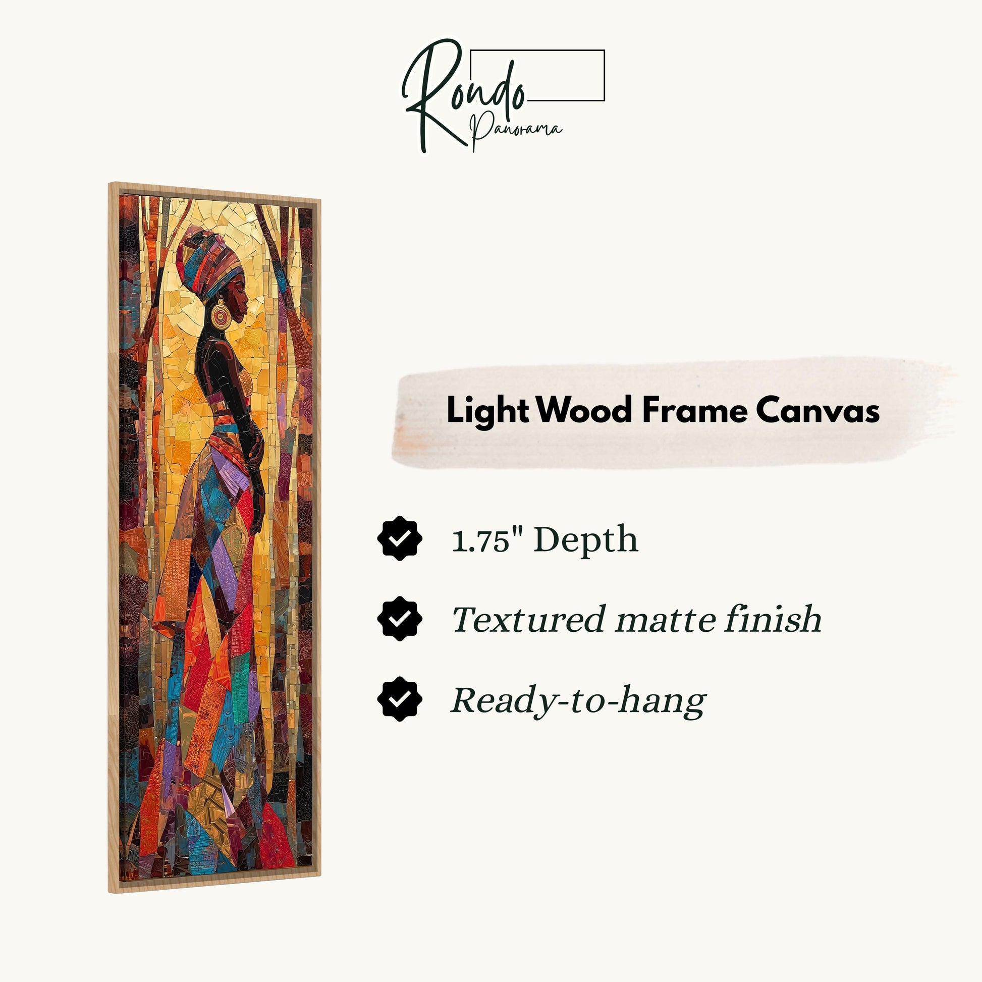 The image is a rectangular painting of a woman with a colorful, abstract design. The painting is displayed in a light wood frame, and it is described as a "Light Wood Frame Canvas" with a depth of 1.75" and a textured matte finish. The painting is ready to hang.