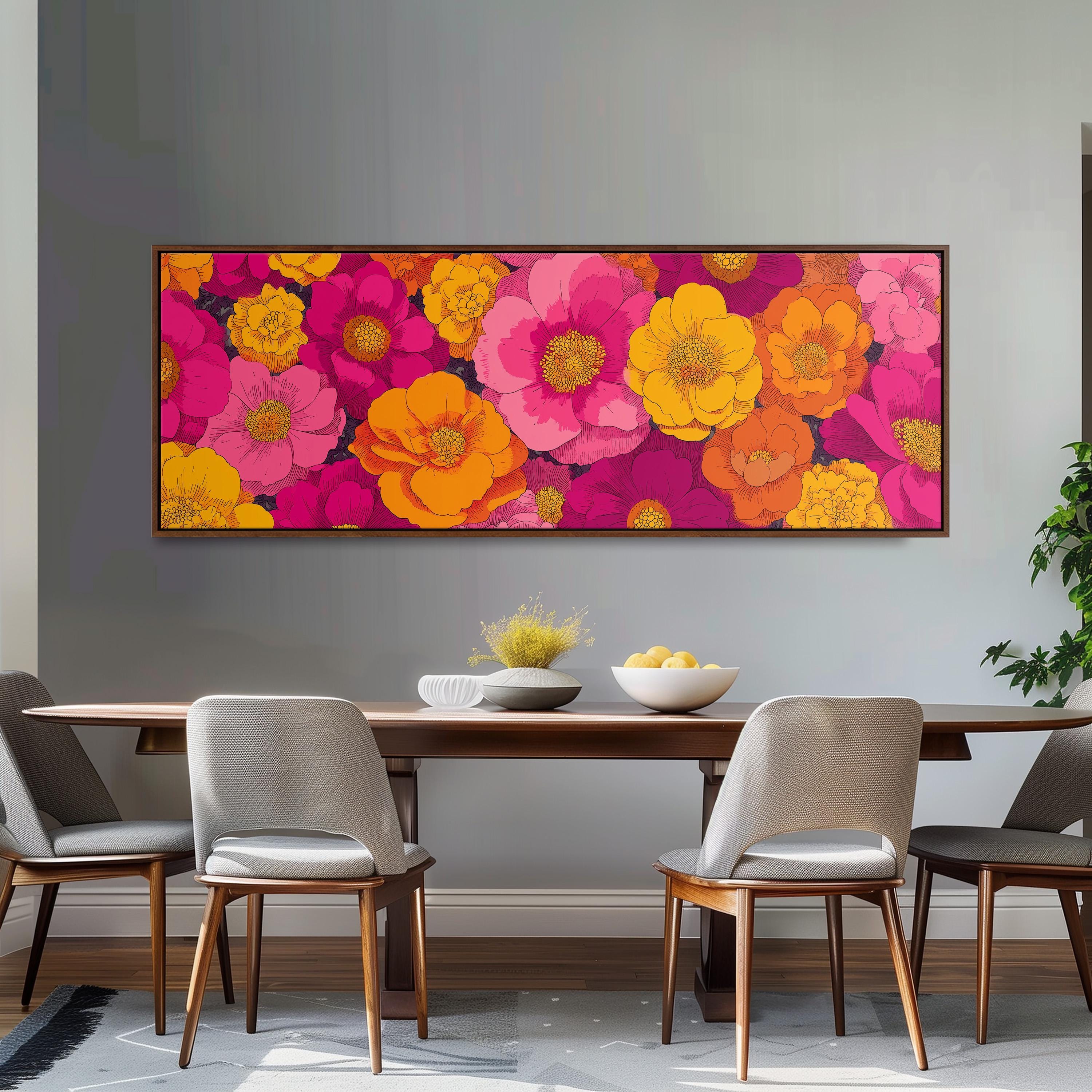 a dining room with a large, colorful floral painting hanging on the wall above a wooden dining table. The table is set with a bowl of fruit and a vase of flowers, creating a welcoming and vibrant atmosphere.
