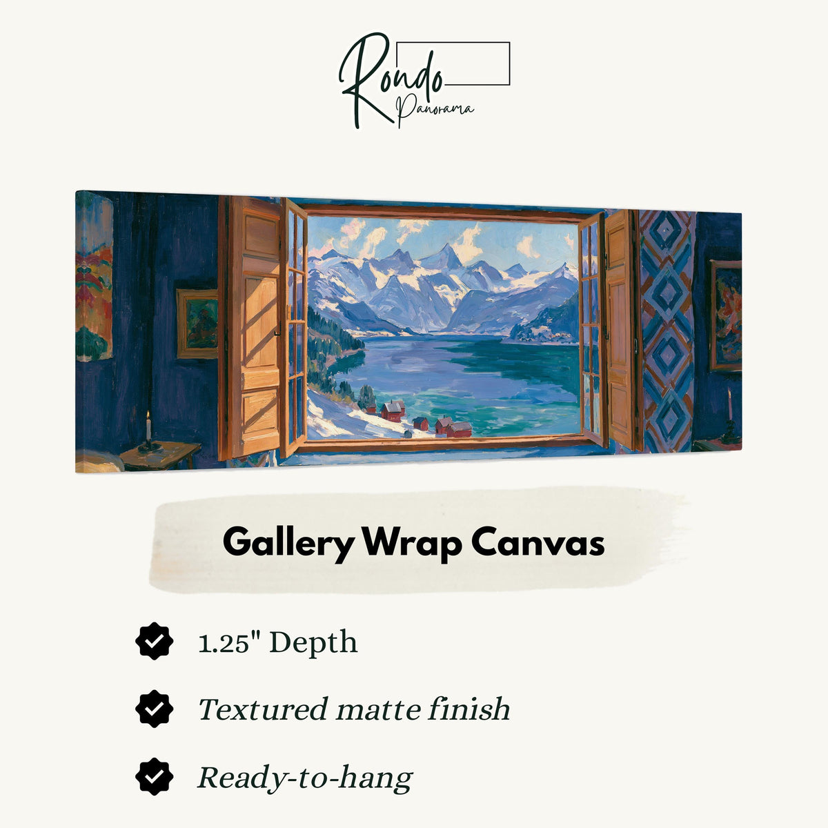 Snowy alpine lake seen through a window gallery wrap canvas with the image wrapped around the edges