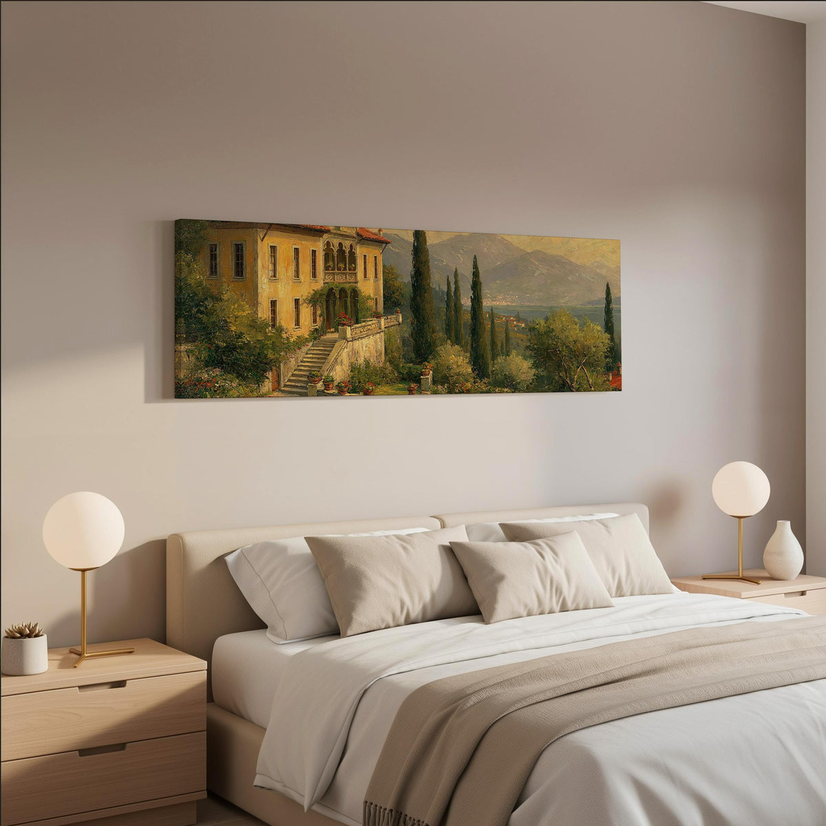 Tuscan villa among cypress hills wide panoramic canvas print above a bed in a neutral bedroom