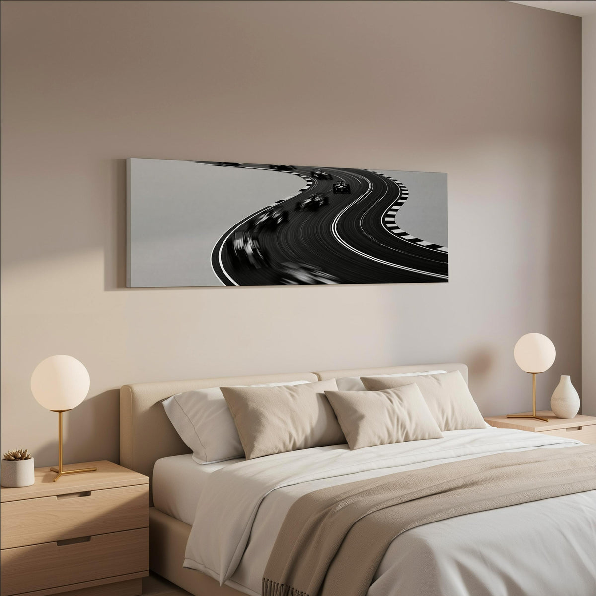 Winding race track in monochrome wide panoramic canvas print above a bed in a neutral bedroom