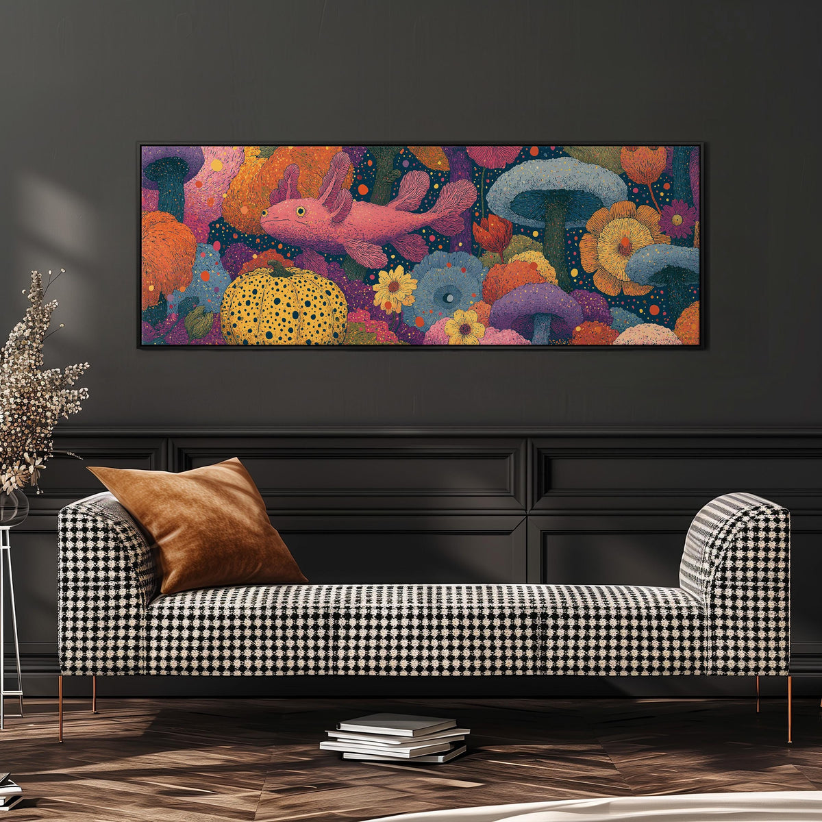 Fantasy mushrooms with a pink creature wide panoramic canvas print above a bench in a dark living room