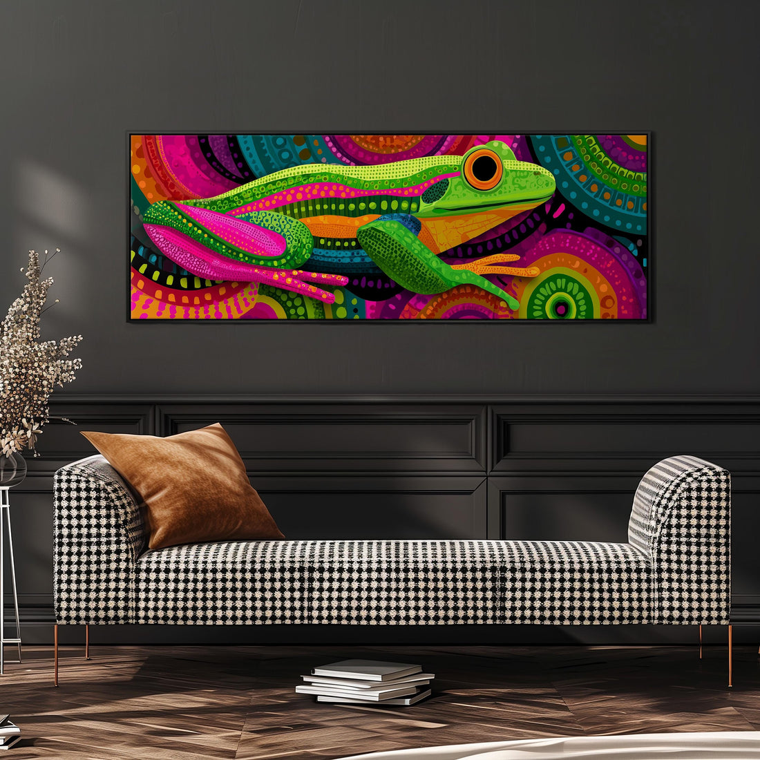 a large, colorful painting of a frog on a wall above a brown sofa in a living room setting.