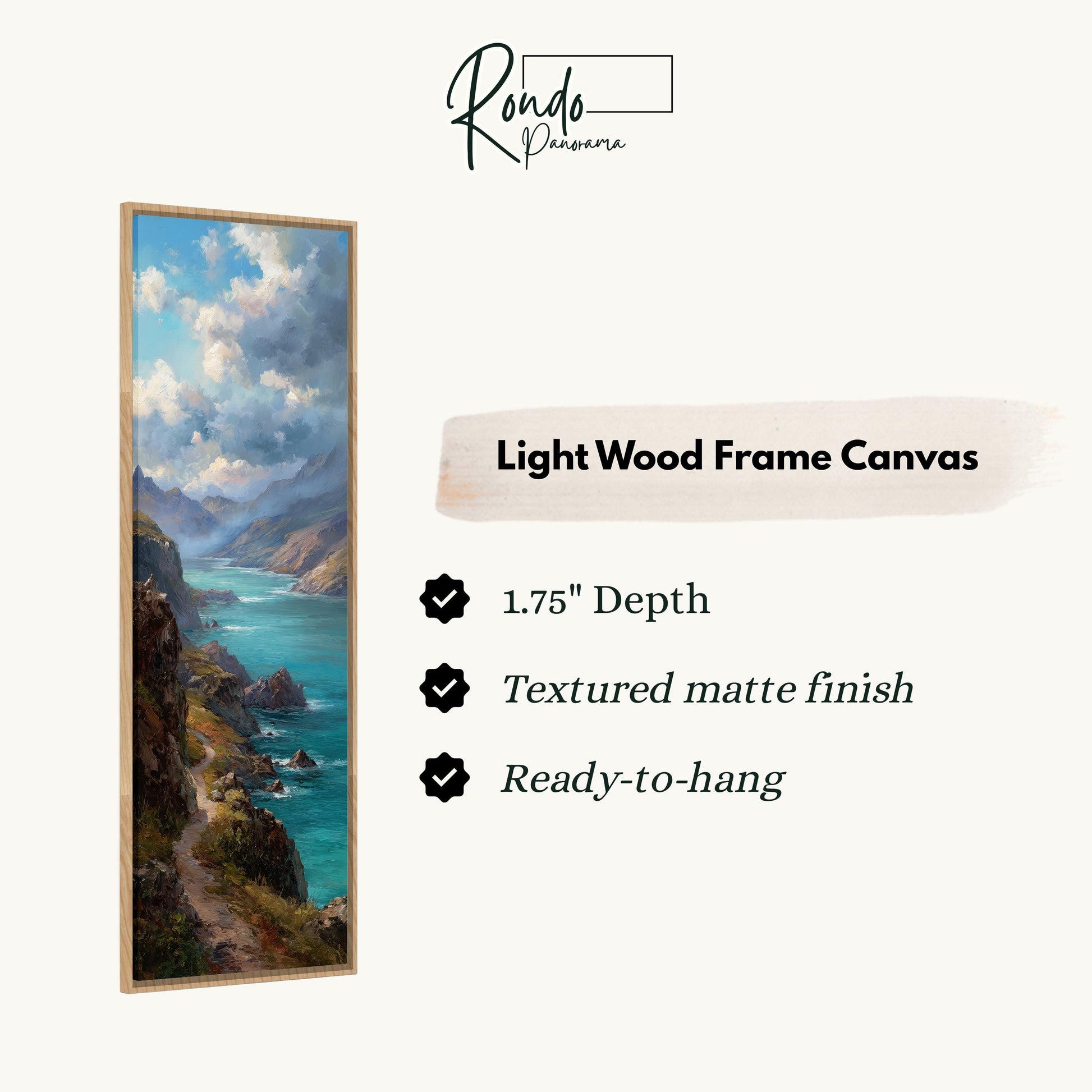 The image is a light wood frame canvas depicting a scenic landscape with a winding path leading to a body of water.