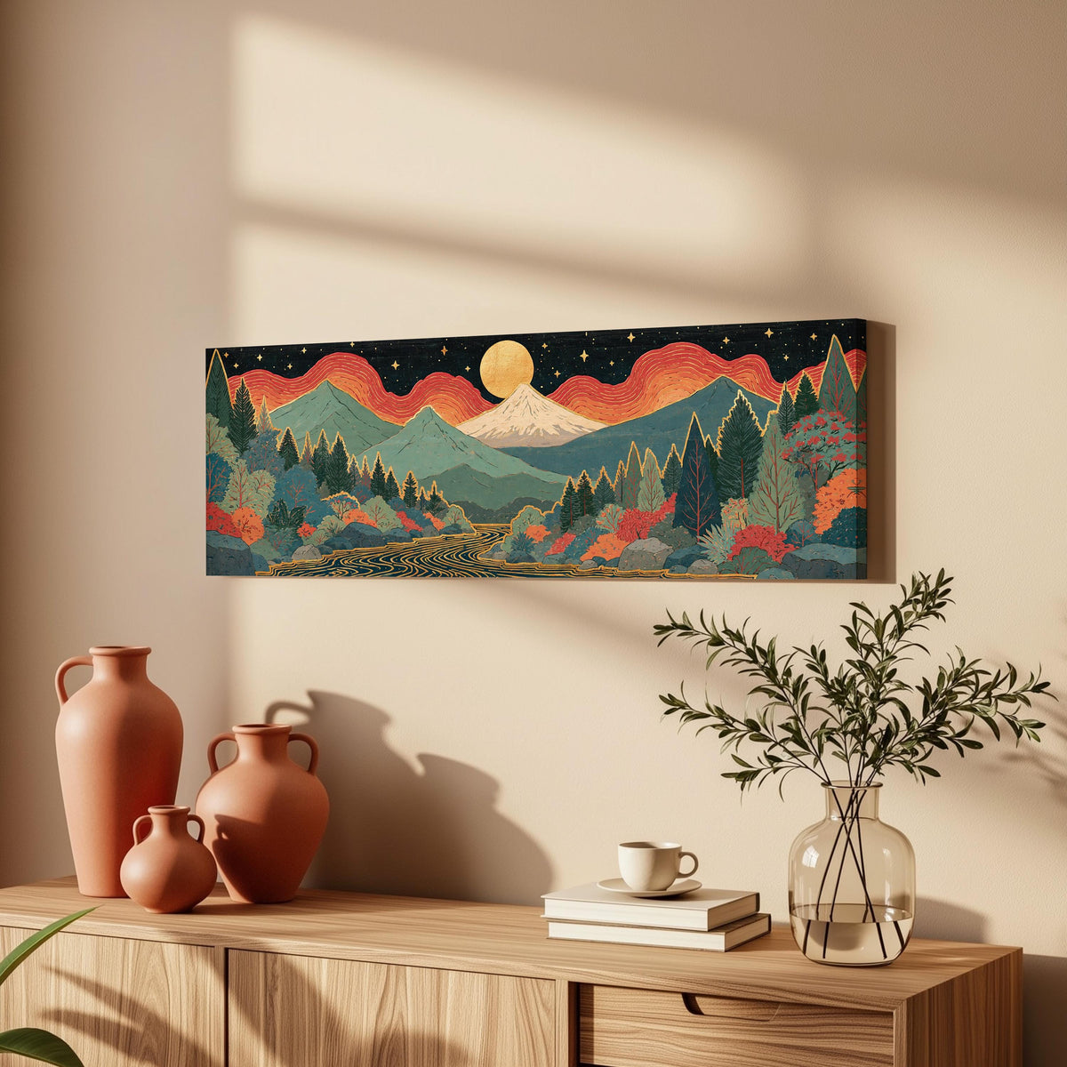 Mystic mountains under a moonrise long horizontal canvas print above a wooden sideboard