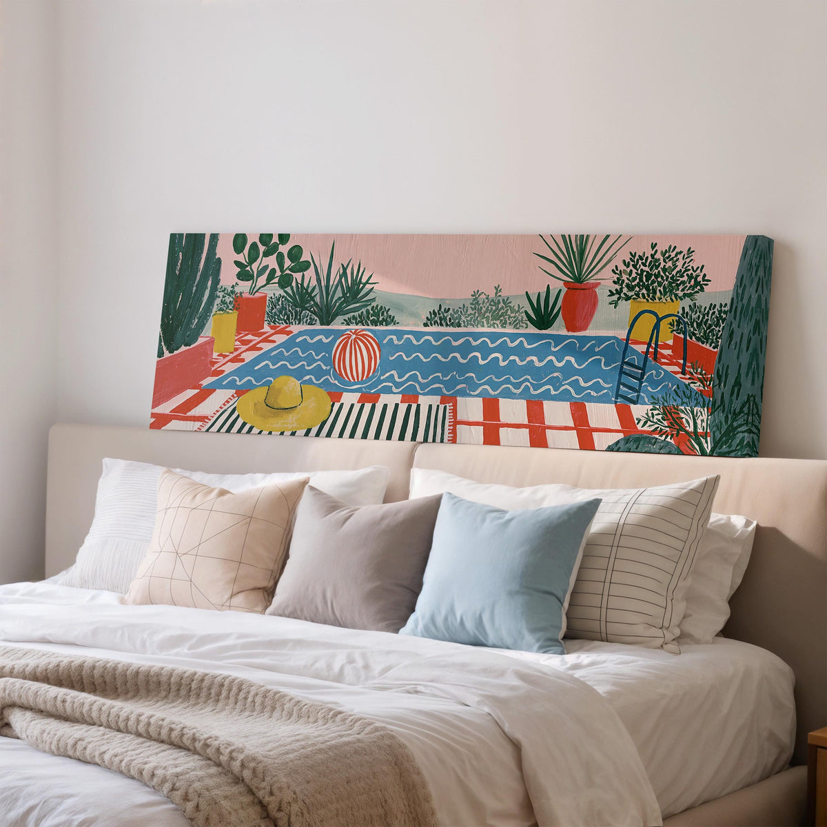 Colorful poolside courtyard wide panoramic canvas print above a bed in a bedroom