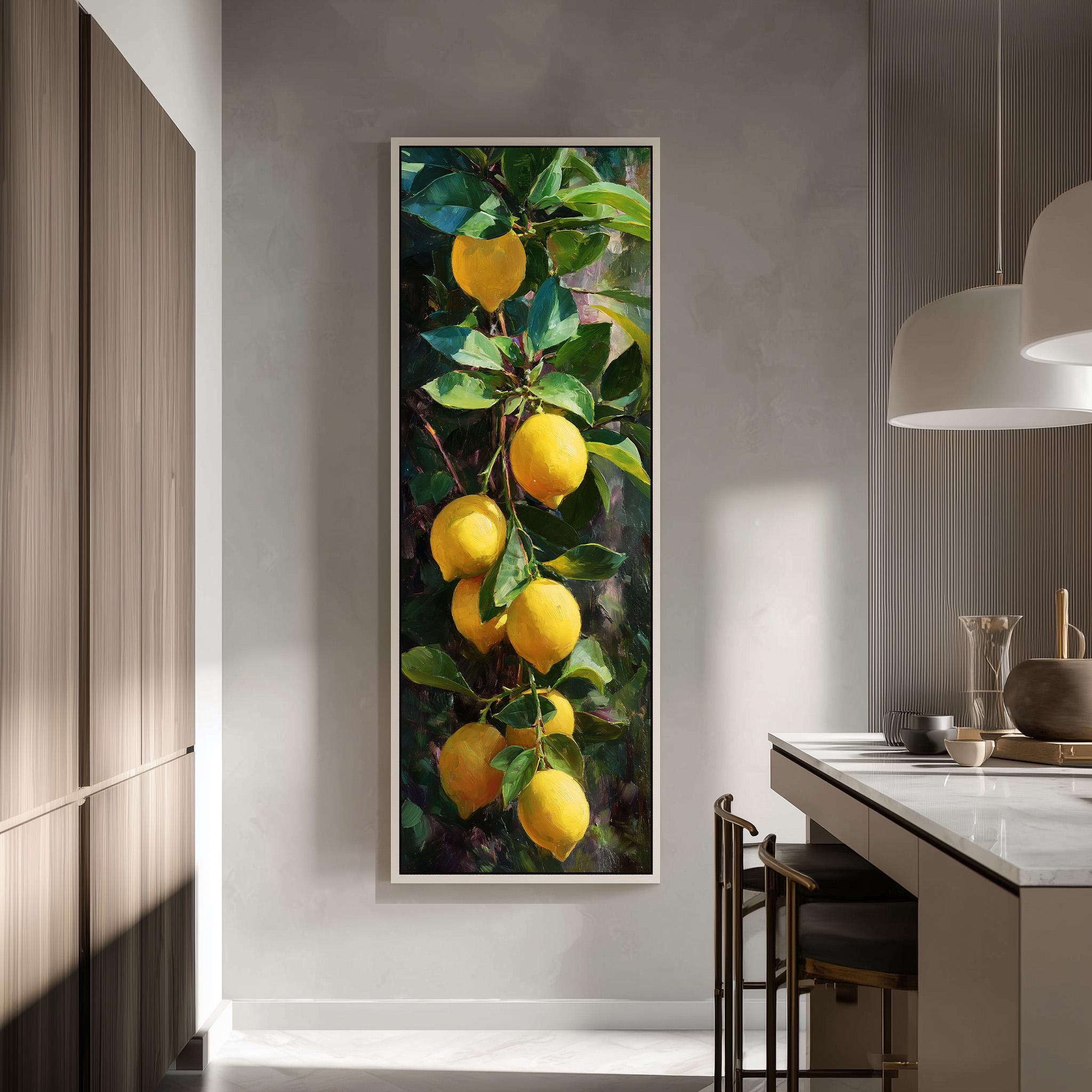 a large painting of lemons hanging on a wall in a kitchen.
