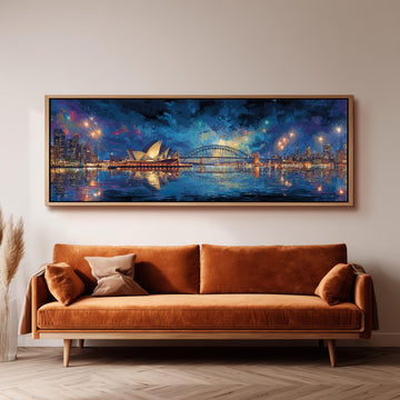a large, framed painting of the Sydney Opera House and the city skyline at night, hanging on a wall above a brown sofa.