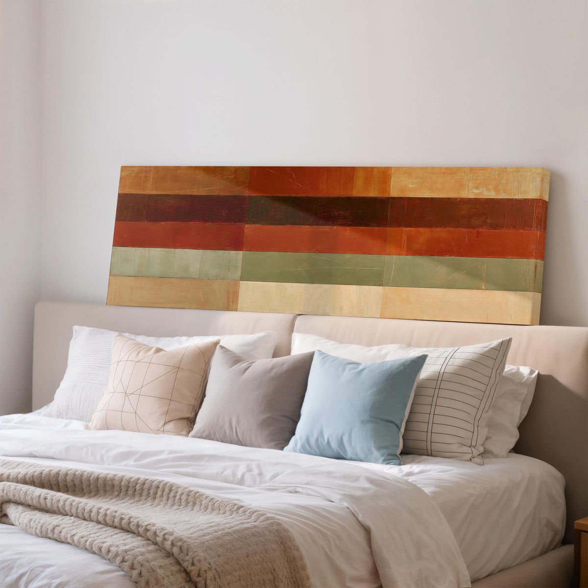 Amber, rust and sage horizontal color bands wide panoramic canvas print above a bed in a bedroom