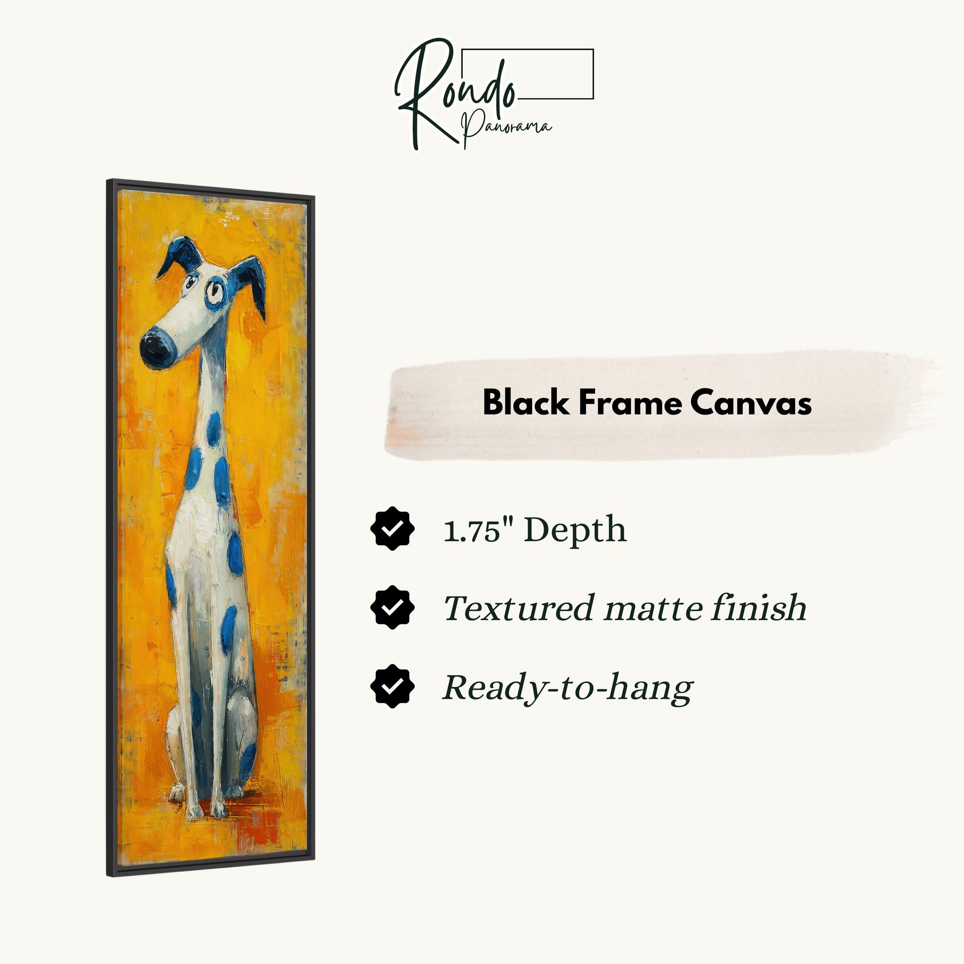The image is a black frame canvas featuring a painting of a dog with a yellow background.