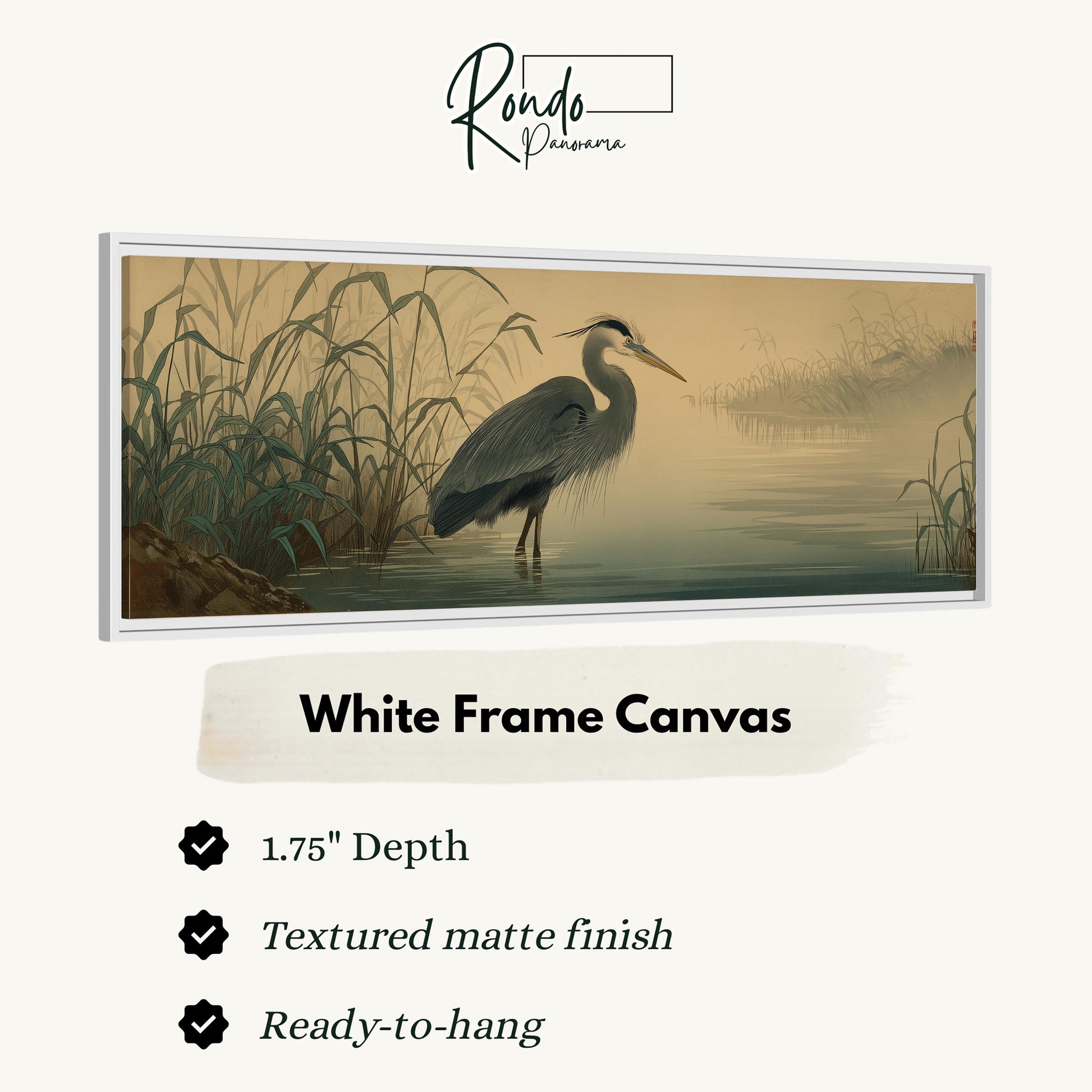 A framed painting of a heron standing in a body of water, with a text box providing information about the artwork.