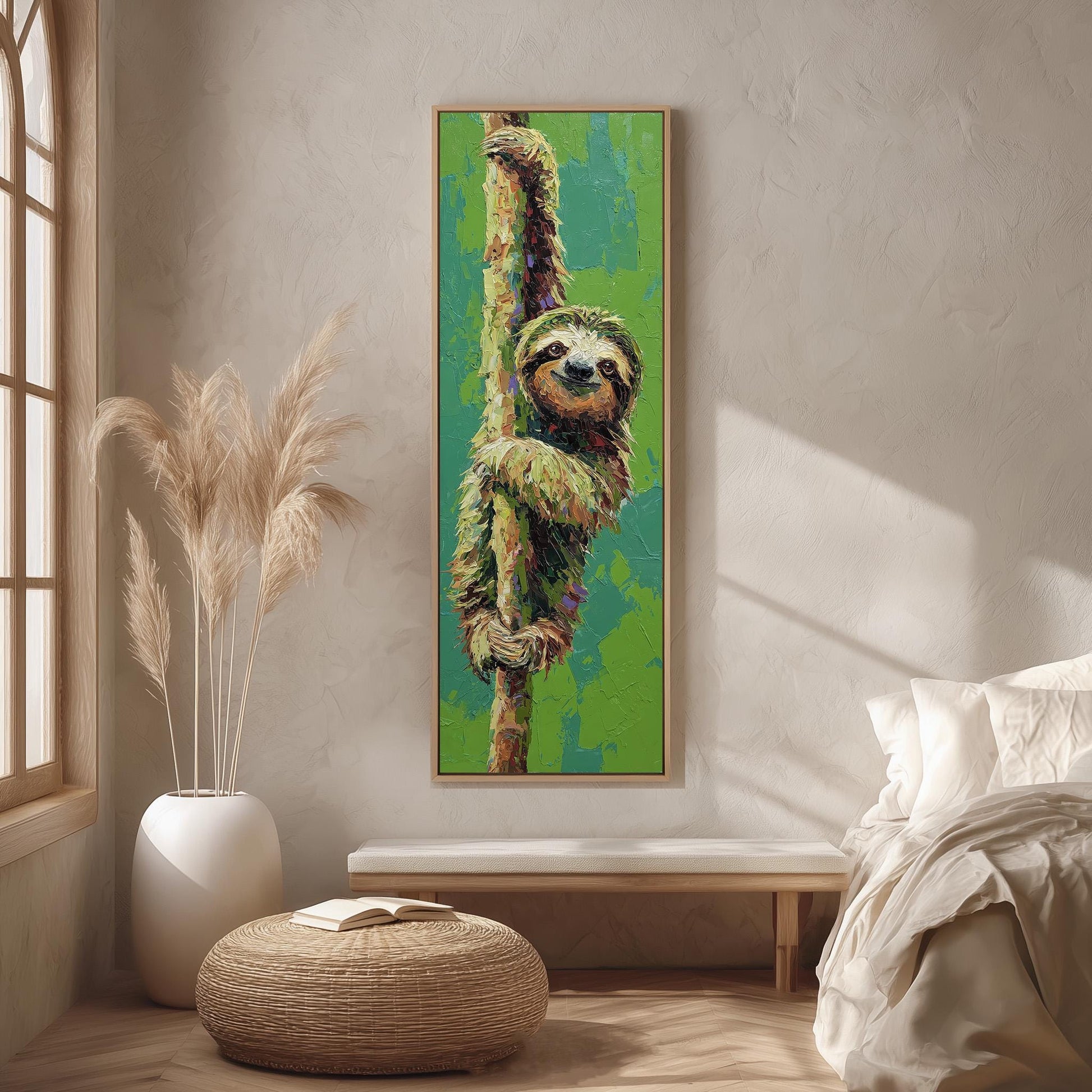 a large painting of a sloth hanging on a wall in a room with a bed, a wicker ottoman, and a potted plant.