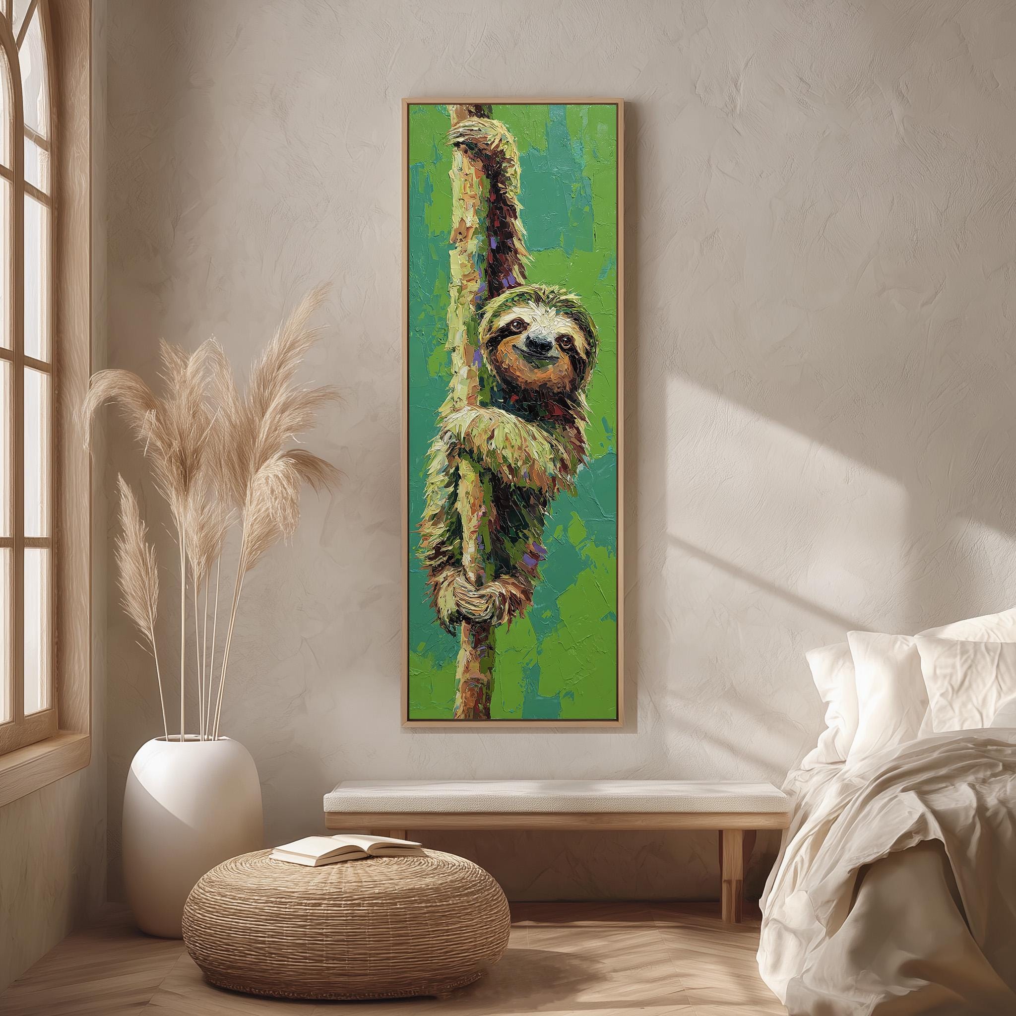 a large painting of a sloth hanging on a wall in a room with a bed, a wicker ottoman, and a potted plant.