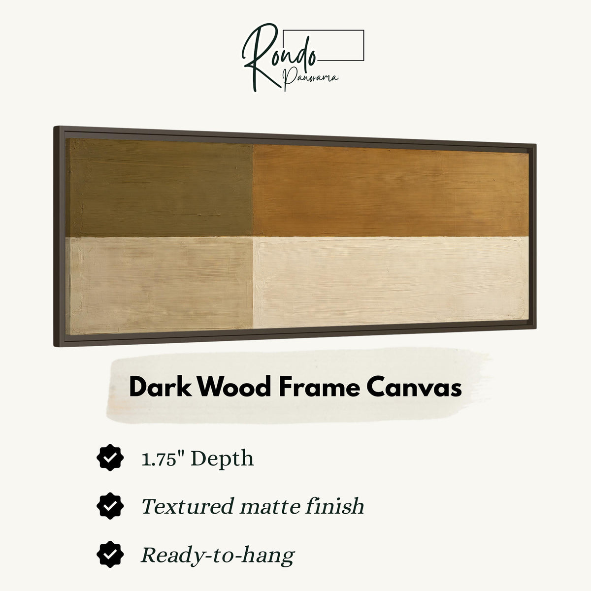 Olive and cream quadrants canvas print in a dark wood floating frame