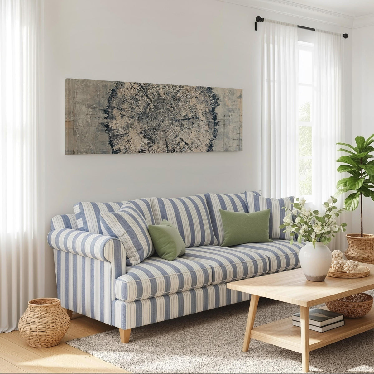 Navy ink tree ring long horizontal canvas print above a striped sofa in a coastal living room