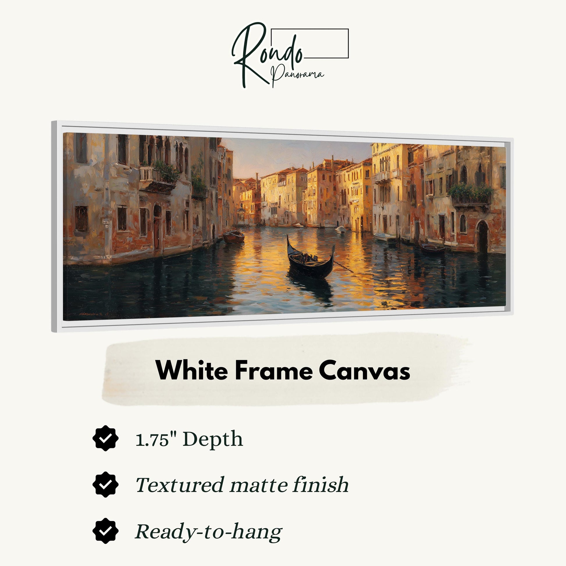 The image is a framed painting depicting a gondola on a canal in Venice, Italy.