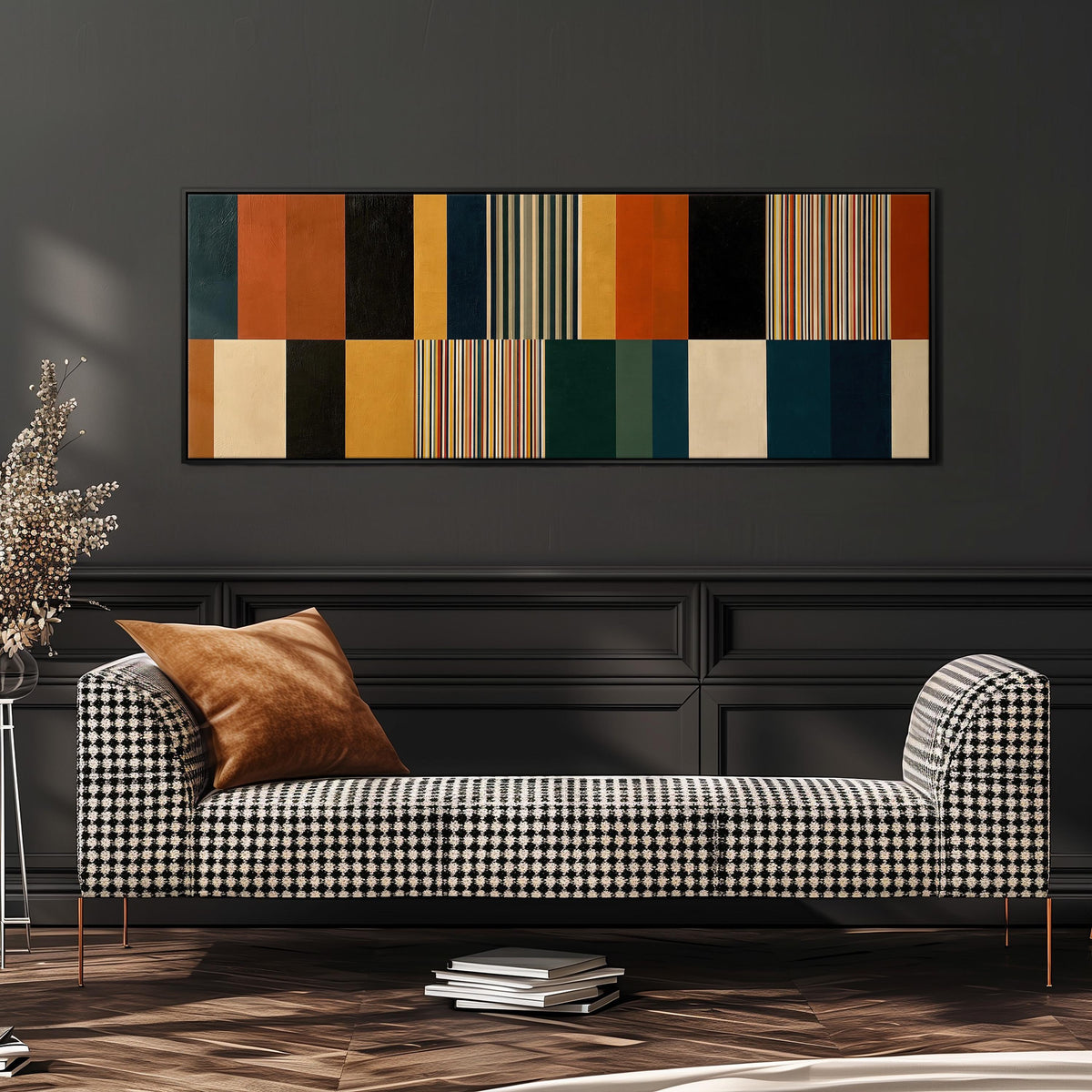 Autumn and teal stripe color blocks wide panoramic canvas print above a bench in a dark living room